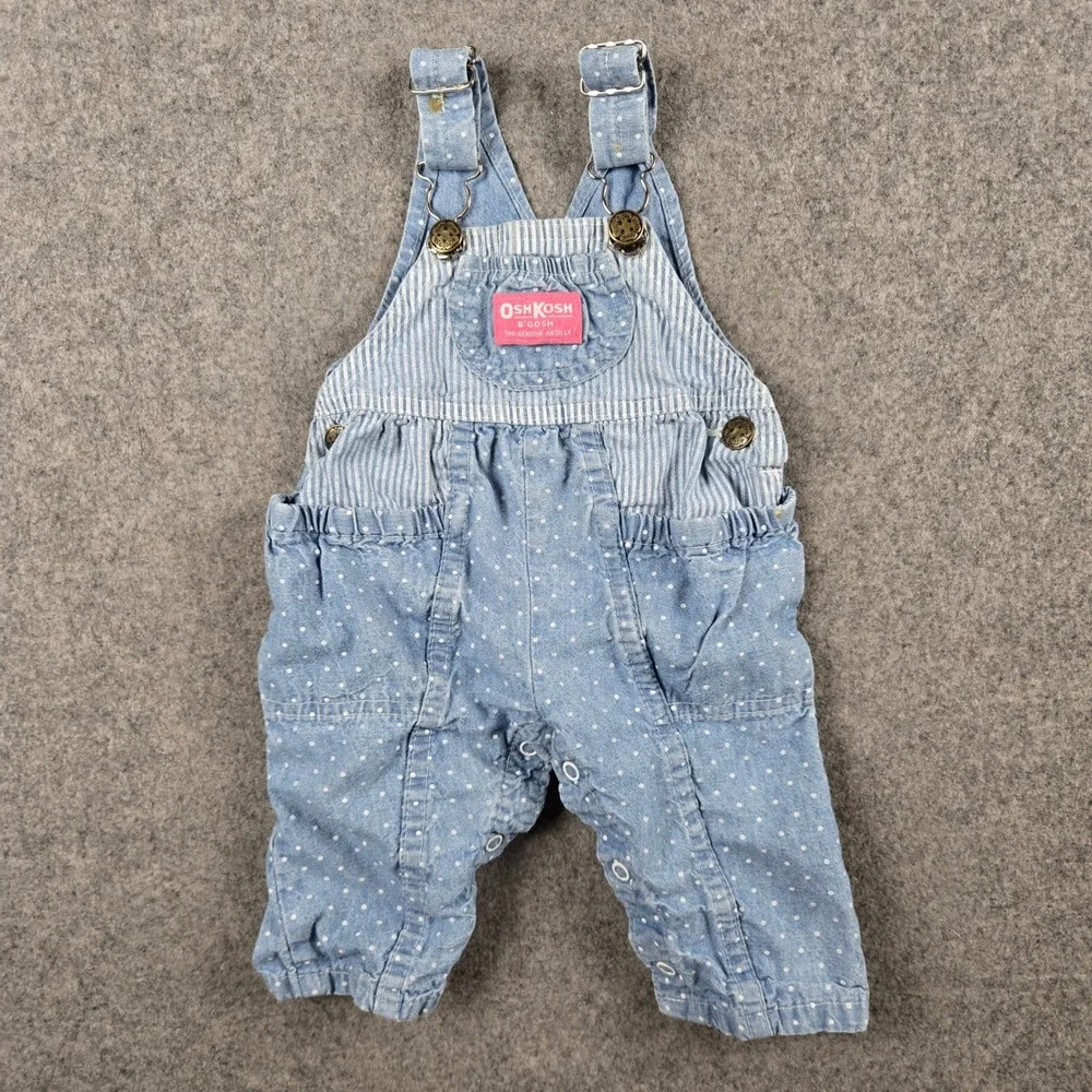 Vintage OshKosh B'gosh Overalls Baby Girls 6M Blue Polka Dot Hickory Stripe 80s